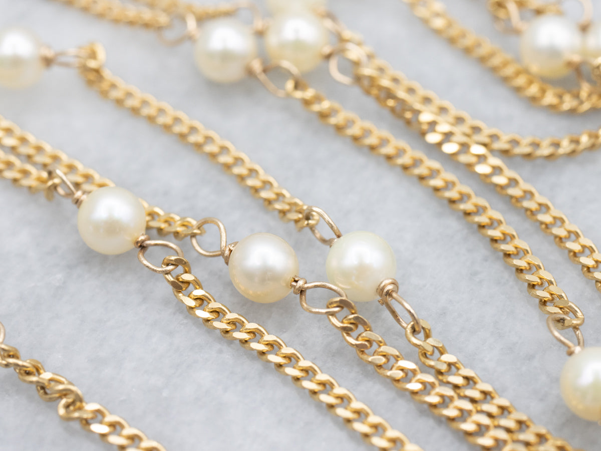 Long Saltwater Pearl Gold Station Link Necklace