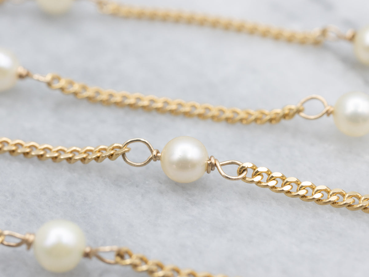 Long Saltwater Pearl Gold Station Link Necklace