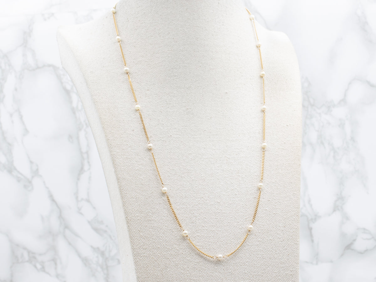 Long Saltwater Pearl Gold Station Link Necklace