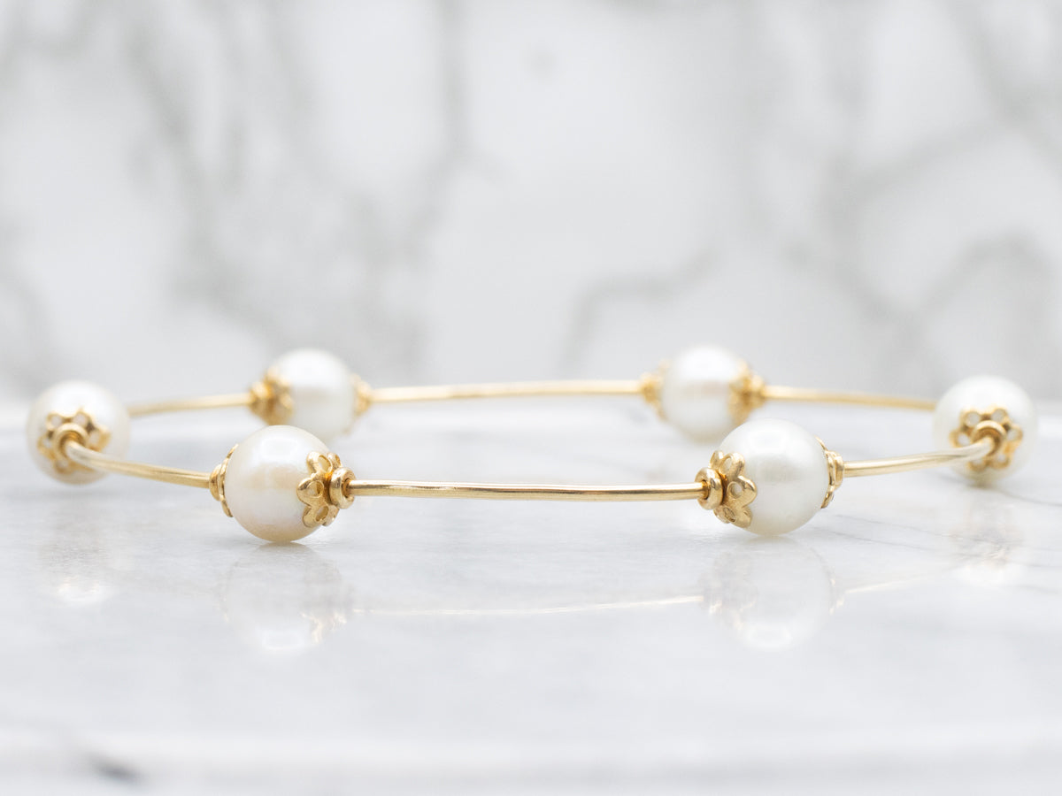 18-Karat Gold and Pearl Wire Bangle Bracelet