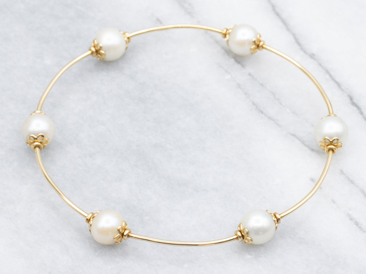 18-Karat Gold and Pearl Wire Bangle Bracelet