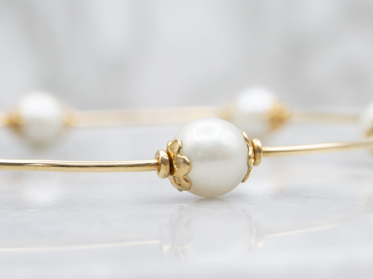 18-Karat Gold and Pearl Wire Bangle Bracelet