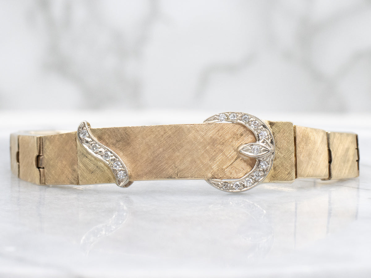 Vintage Textured Gold Buckle-Link Diamond Bracelet