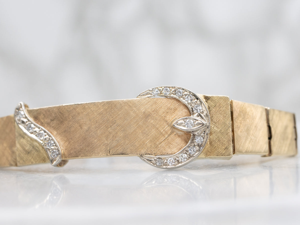 Vintage Textured Gold Buckle-Link Diamond Bracelet