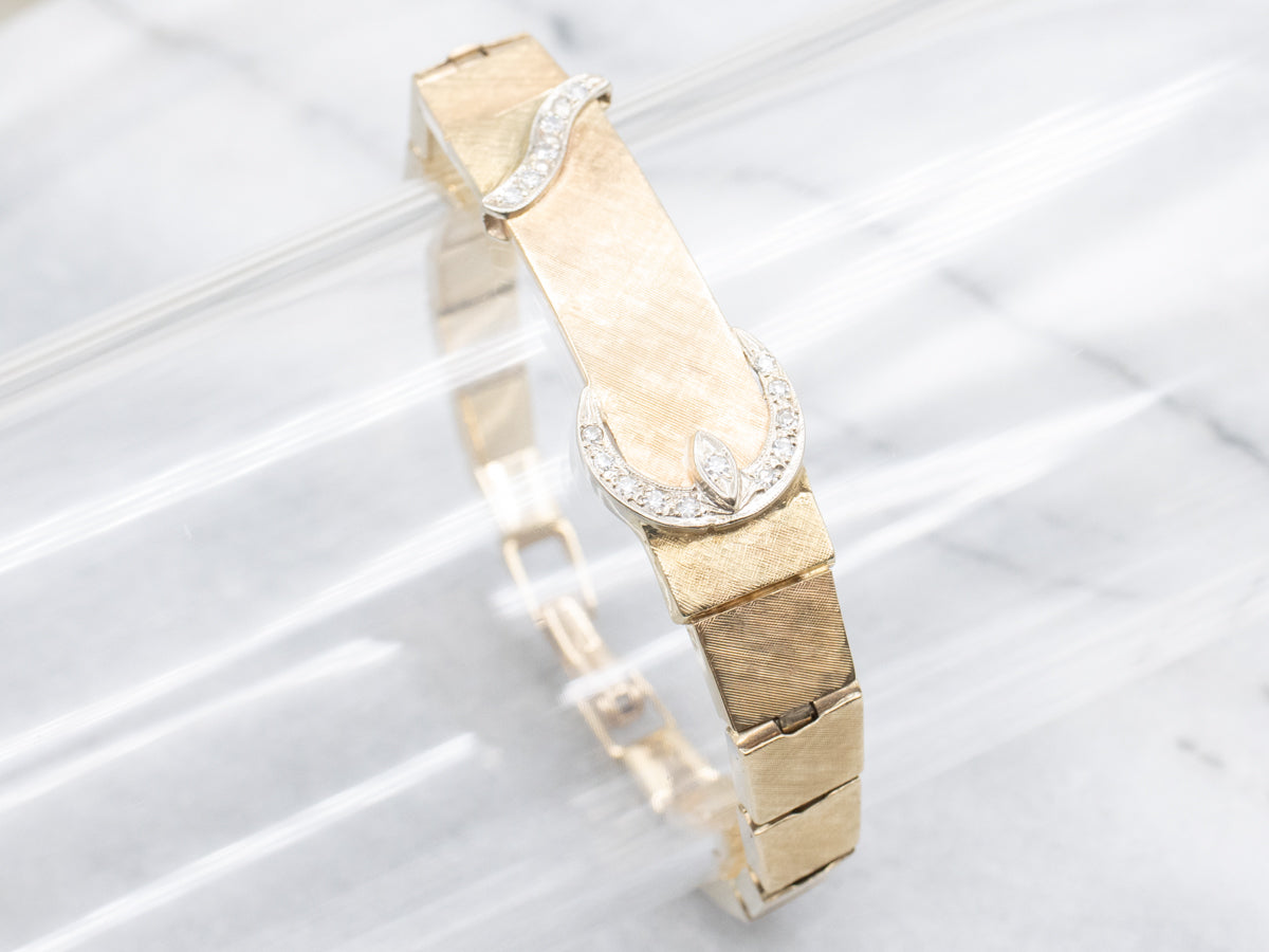 Vintage Textured Gold Buckle-Link Diamond Bracelet