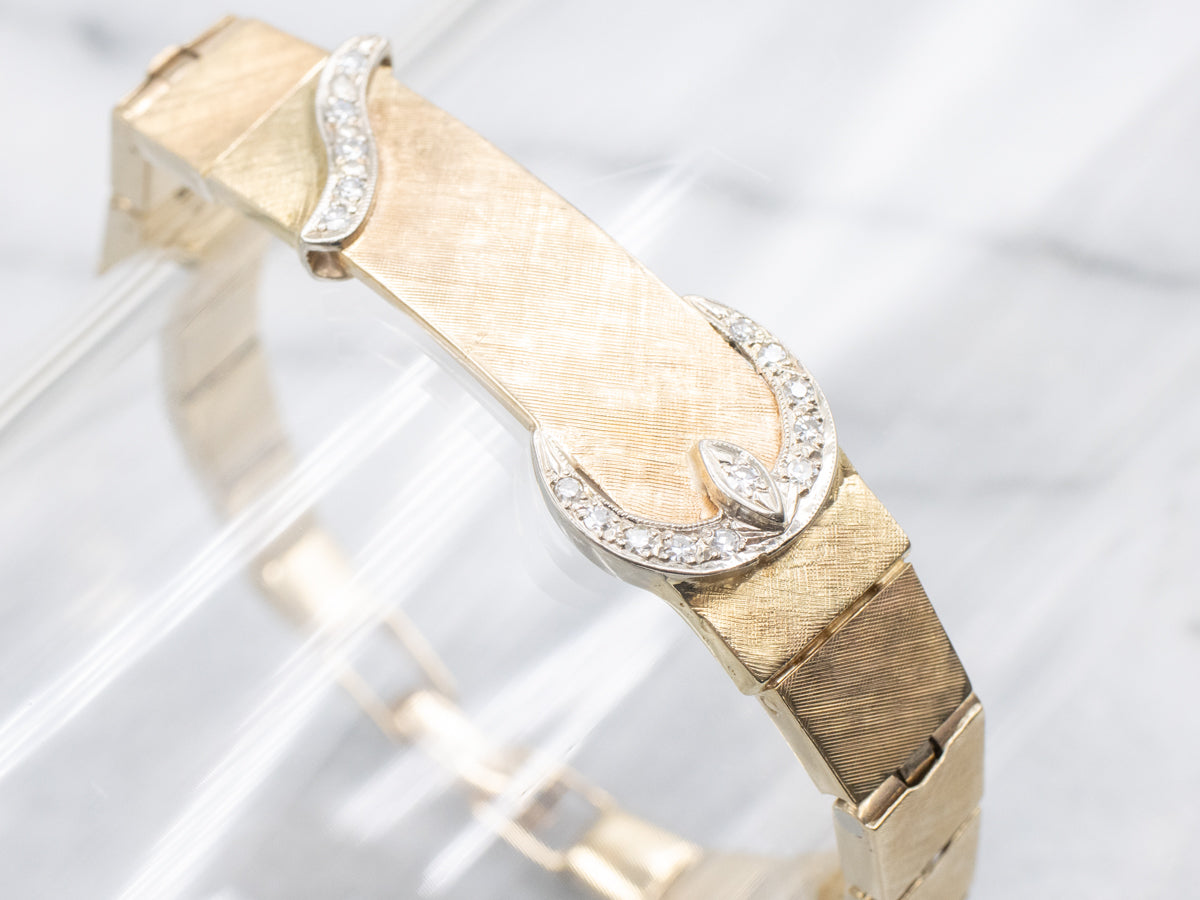Vintage Textured Gold Buckle-Link Diamond Bracelet