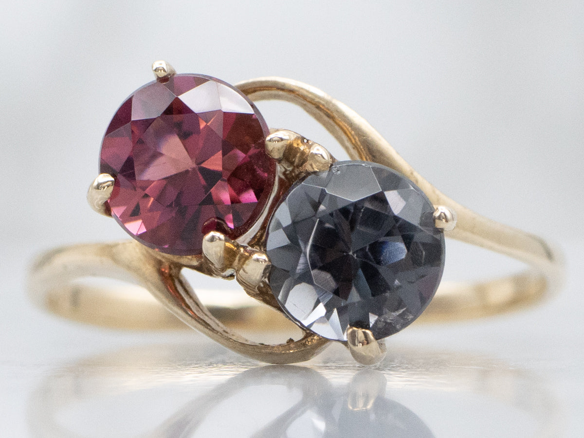 Double Stone Pink and Grey Tourmaline Gold Bypass Ring