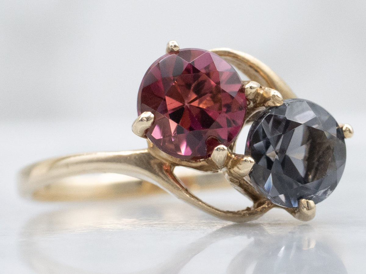 Double Stone Pink and Grey Tourmaline Gold Bypass Ring
