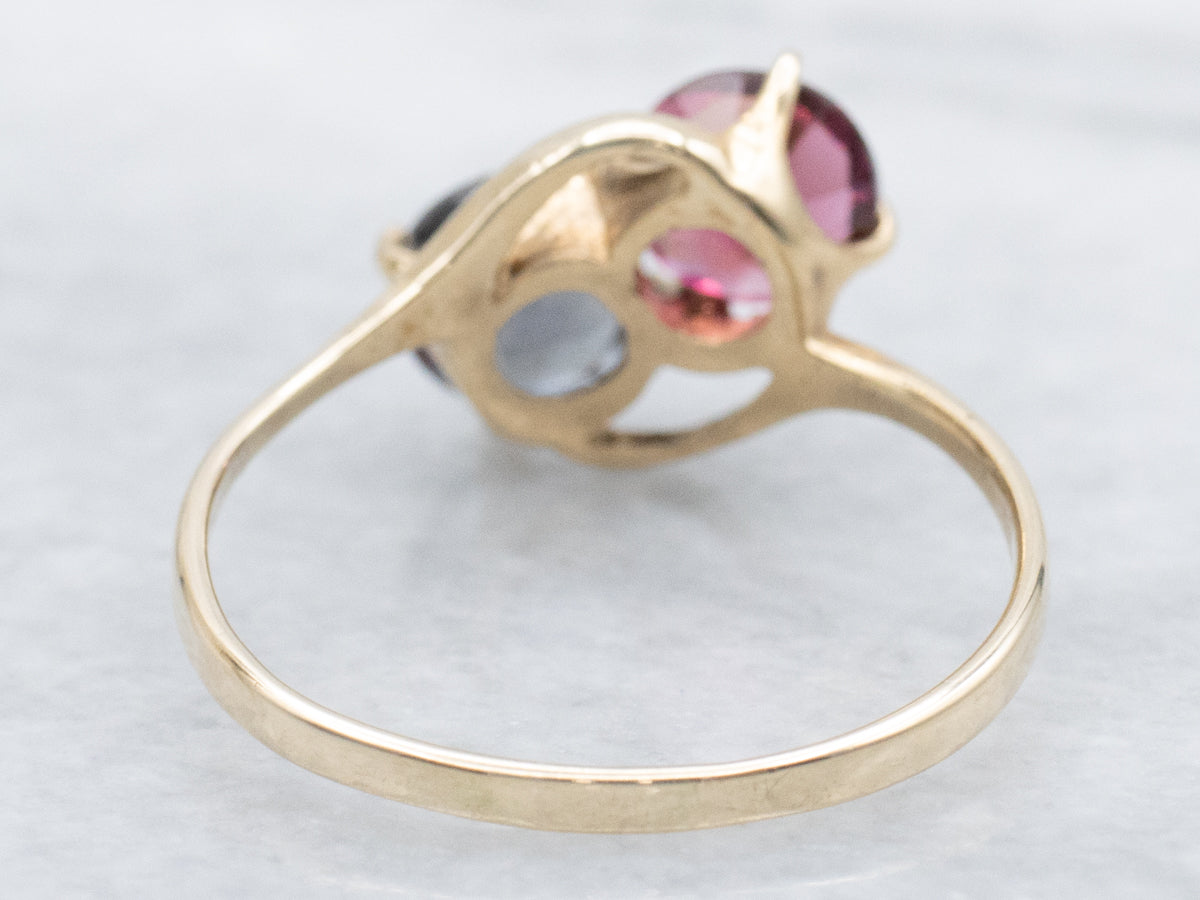 Double Stone Pink and Grey Tourmaline Gold Bypass Ring
