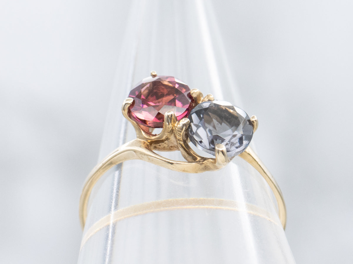 Double Stone Pink and Grey Tourmaline Gold Bypass Ring