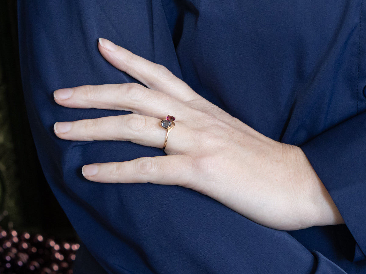 Double Stone Pink and Grey Tourmaline Gold Bypass Ring