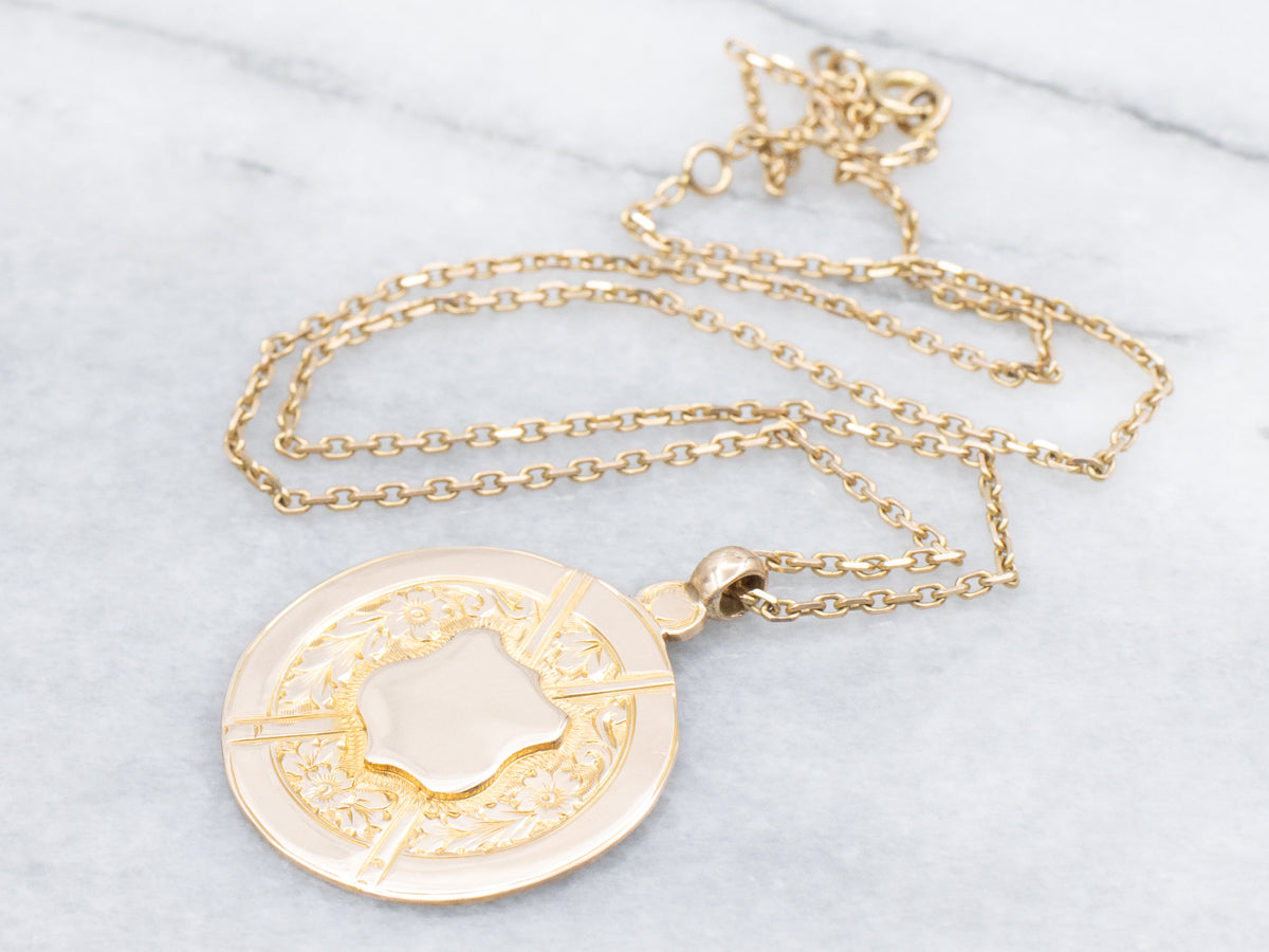 Vintage Floral Signet Pendant Necklace with Shield Center