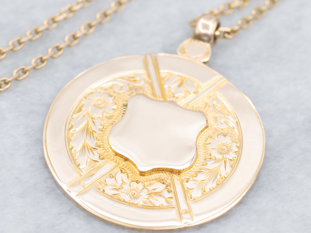 Vintage Floral Signet Pendant Necklace with Shield Center