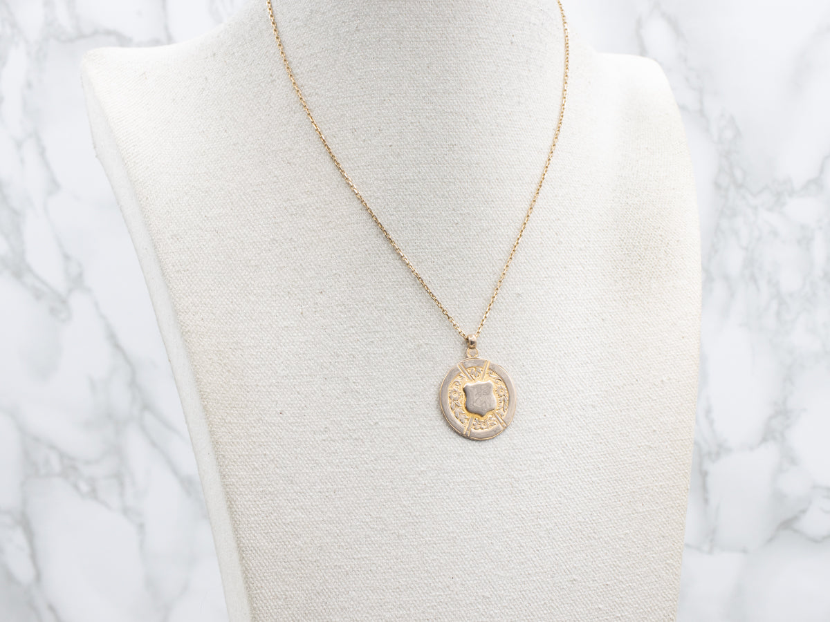 Vintage Floral Signet Pendant Necklace with Shield Center