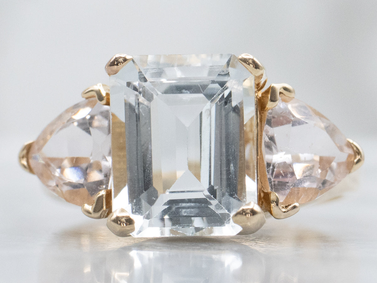 Pastel-Hued Aquamarine and Morganite Three-Stone Ring