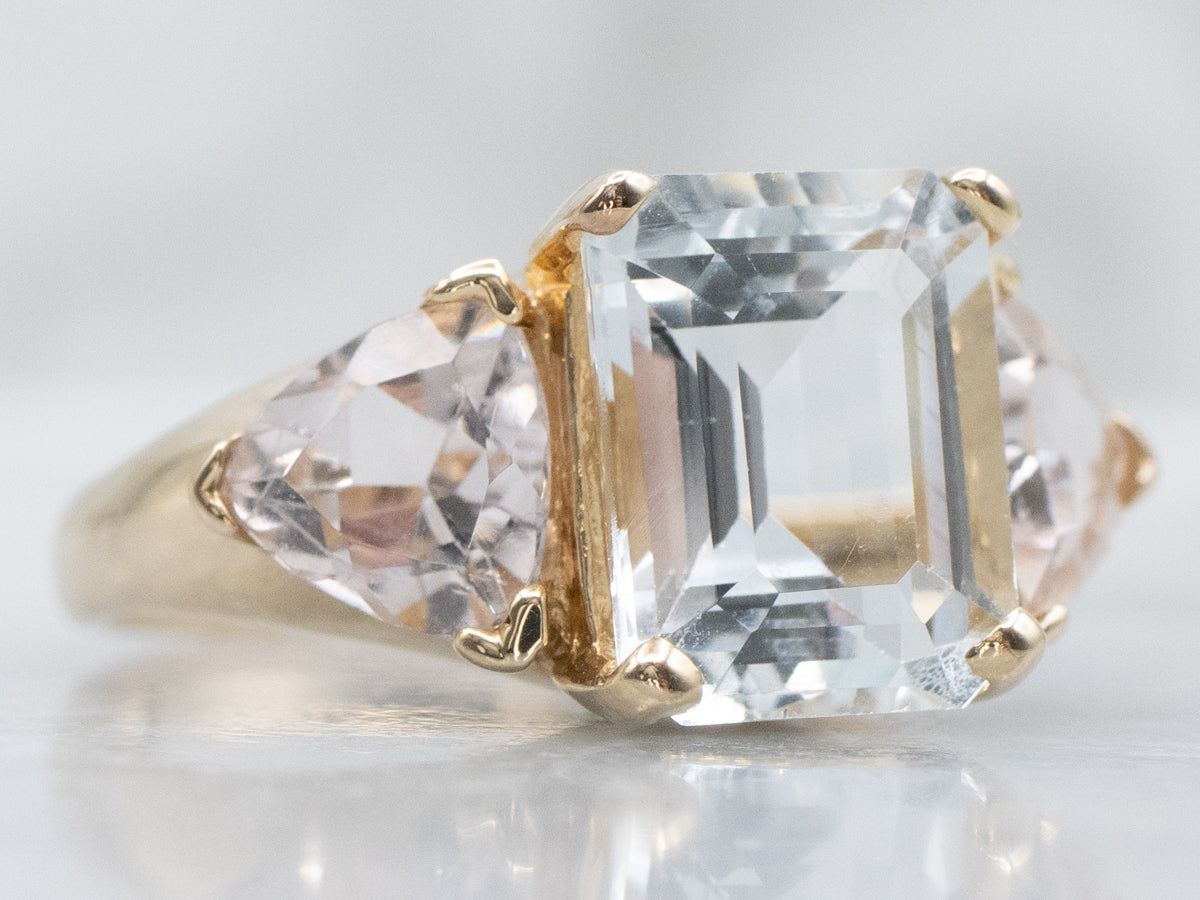 Pastel-Hued Aquamarine and Morganite Three-Stone Ring