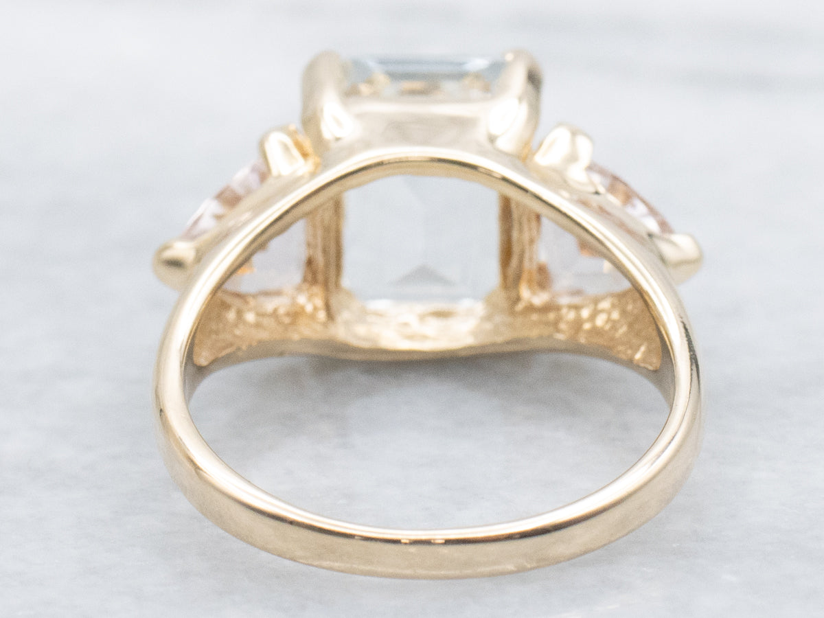 Pastel-Hued Aquamarine and Morganite Three-Stone Ring