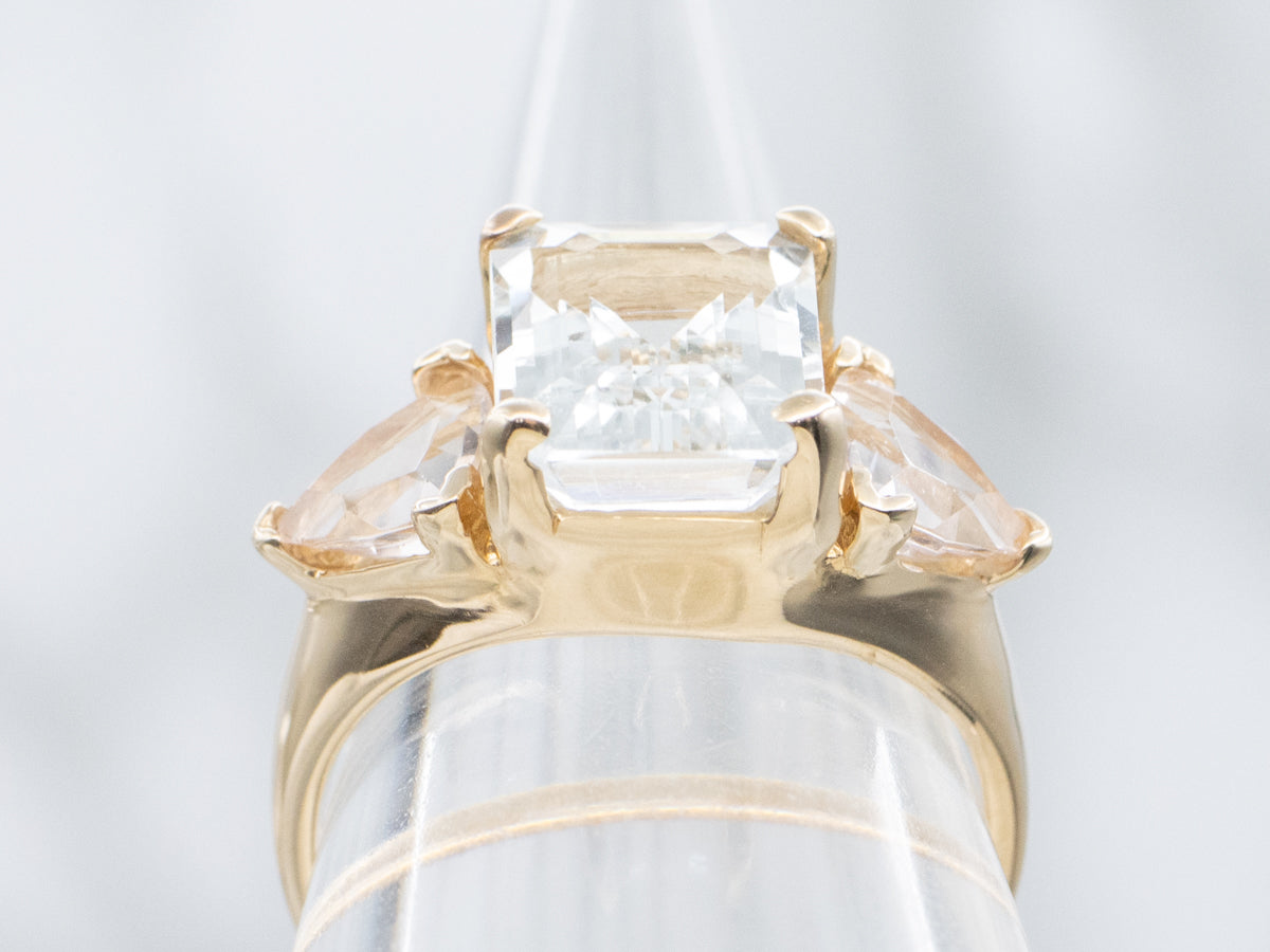 Pastel-Hued Aquamarine and Morganite Three-Stone Ring