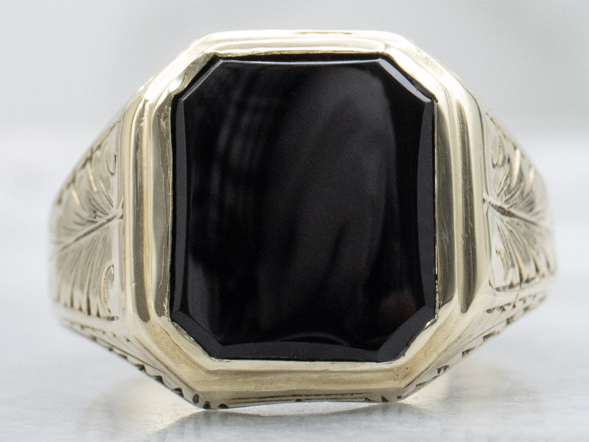 Antique Hand-Engraved Men's Black Onyx Statement Ring