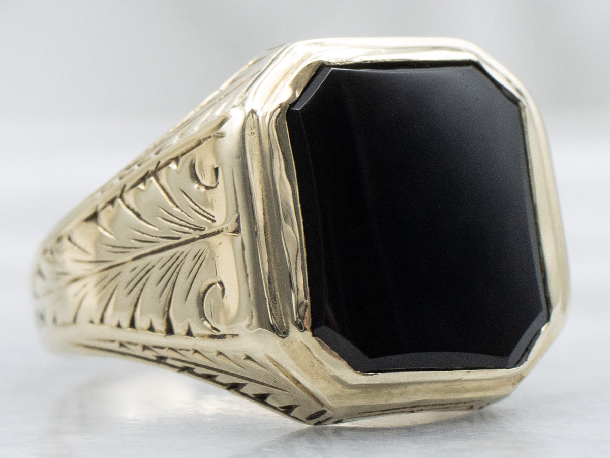 Antique Hand-Engraved Men's Black Onyx Statement Ring