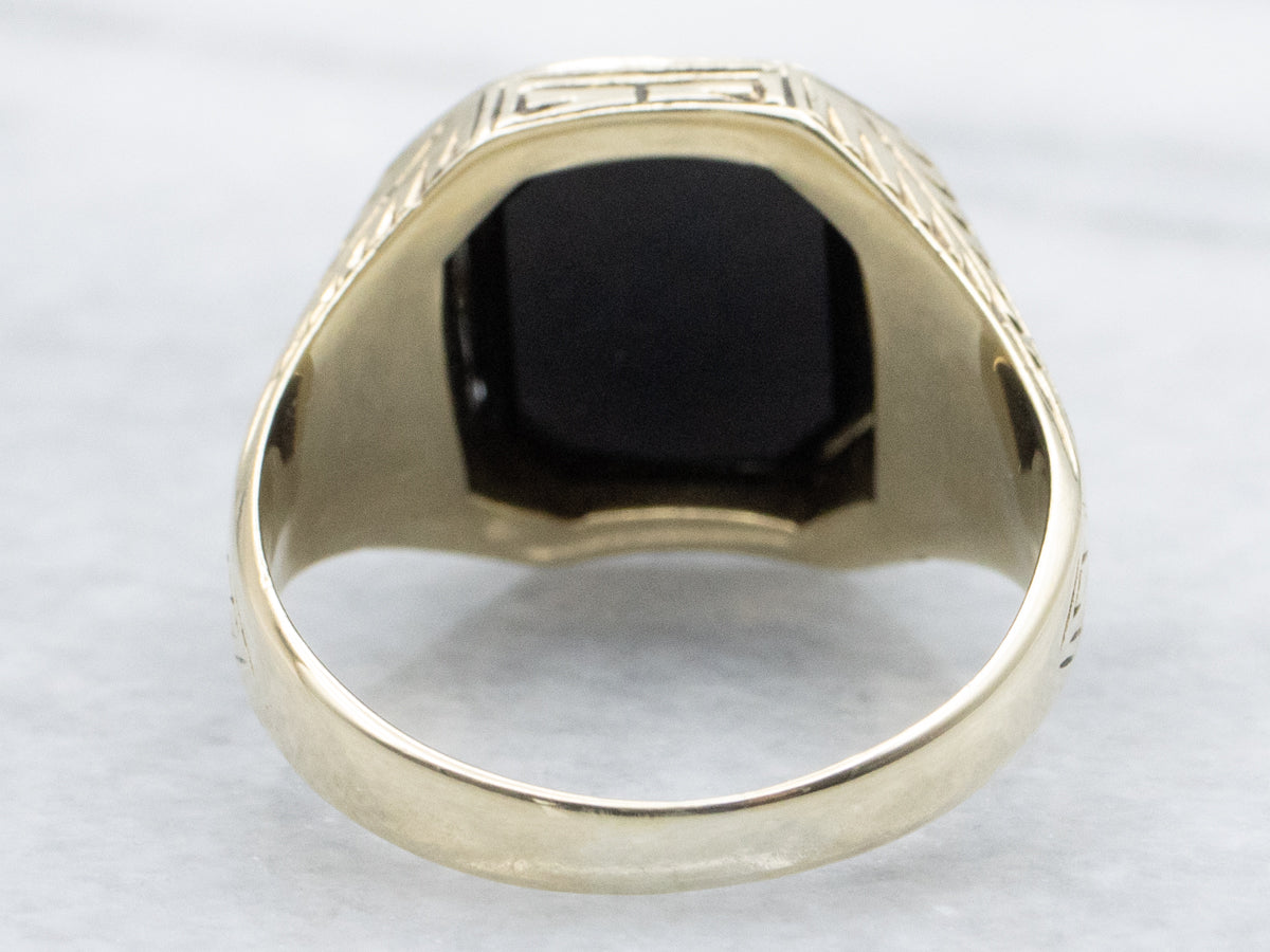 Antique Hand-Engraved Men's Black Onyx Statement Ring