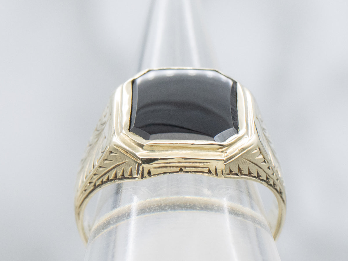 Antique Hand-Engraved Men's Black Onyx Statement Ring