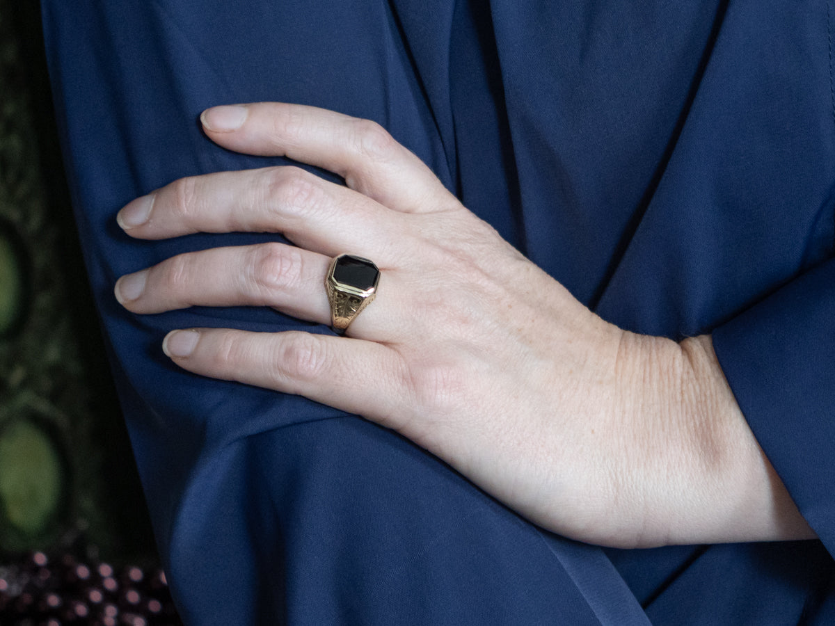Antique Hand-Engraved Men's Black Onyx Statement Ring