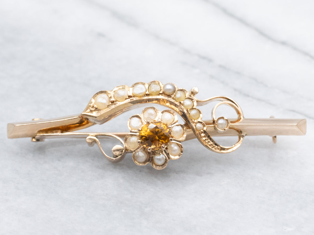 Antique Dravite Tourmaline and Seed Pearl Floral Bar Pin