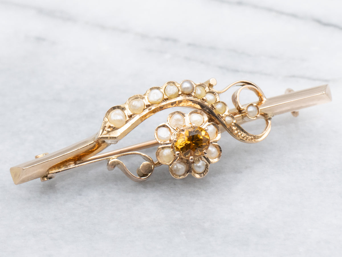 Antique Dravite Tourmaline and Seed Pearl Floral Bar Pin
