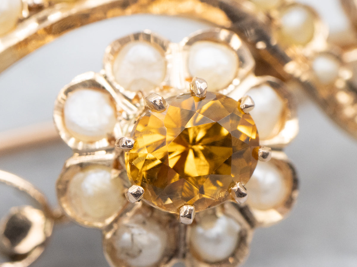 Antique Dravite Tourmaline and Seed Pearl Floral Bar Pin