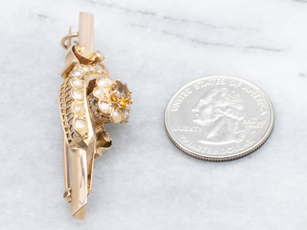 Antique Dravite Tourmaline and Seed Pearl Floral Bar Pin