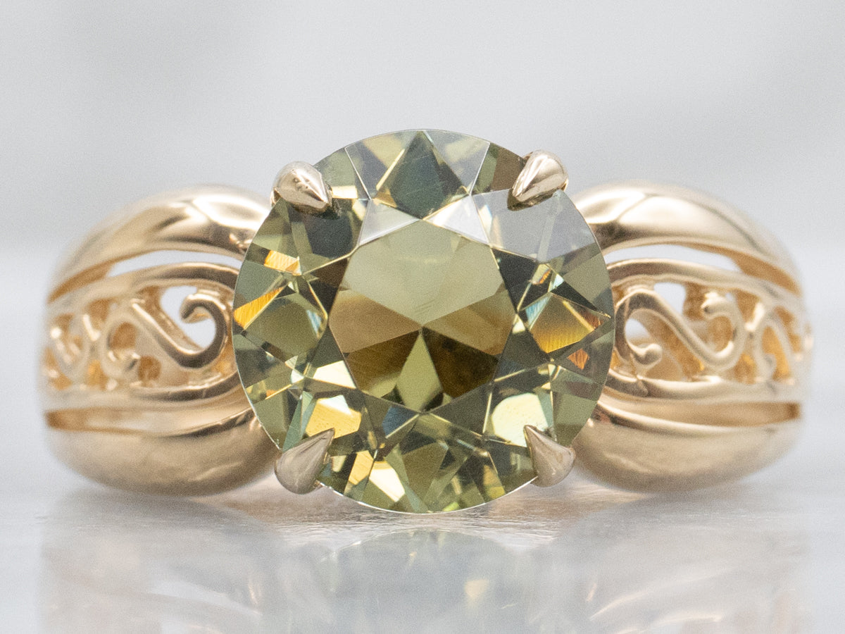 Scrolling Gold Sage-Green Tourmaline Solitaire Ring