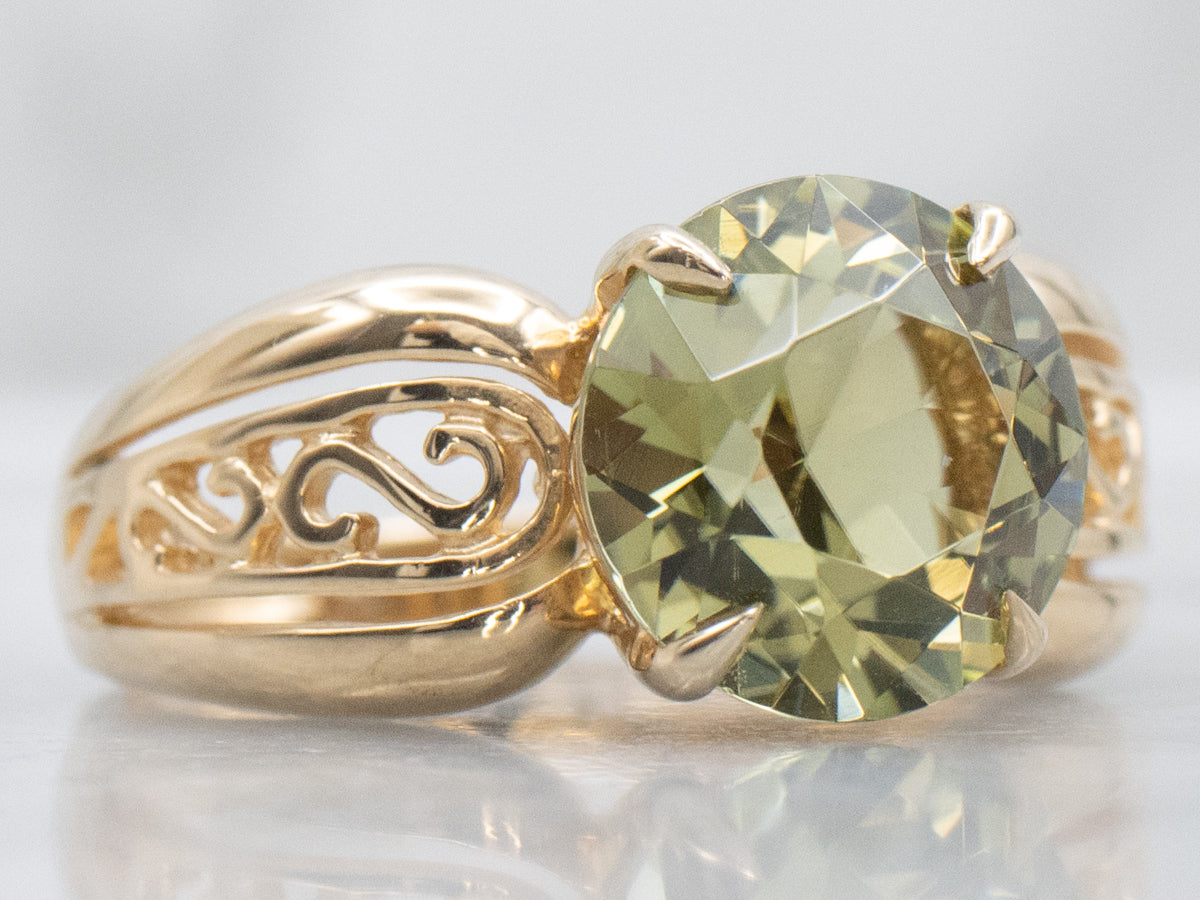 Scrolling Gold Sage-Green Tourmaline Solitaire Ring