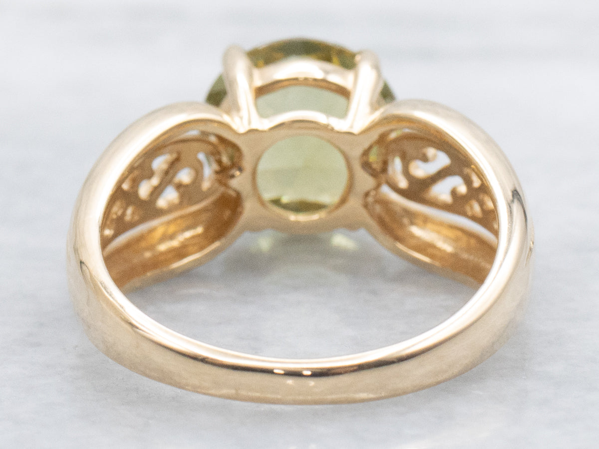 Scrolling Gold Sage-Green Tourmaline Solitaire Ring