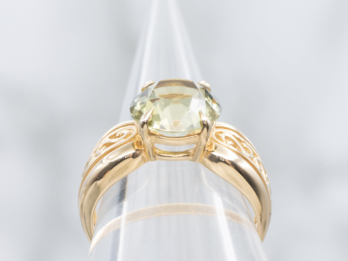 Scrolling Gold Sage-Green Tourmaline Solitaire Ring