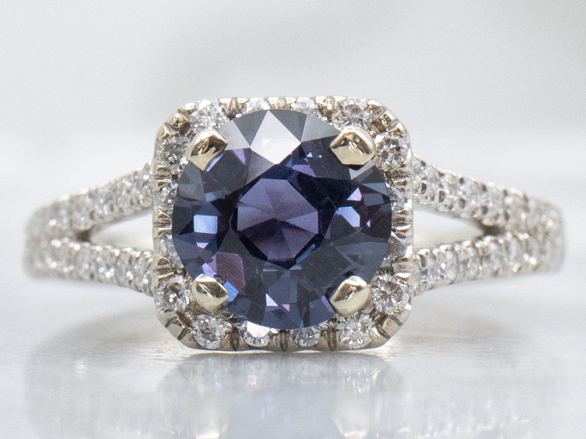 Modern Bi-Color Sapphire and Diamond Halo Gold Ring