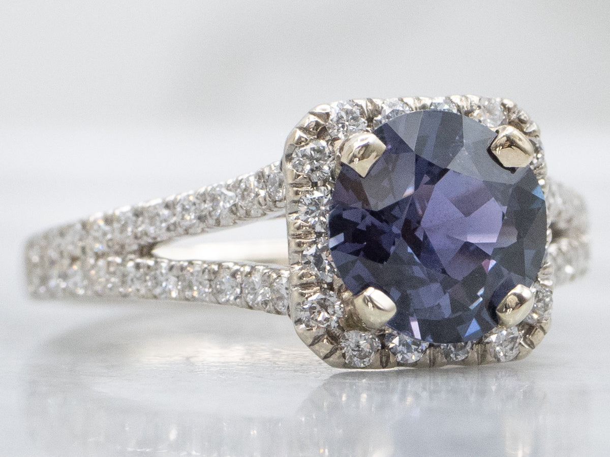 Modern Bi-Color Sapphire and Diamond Halo Gold Ring