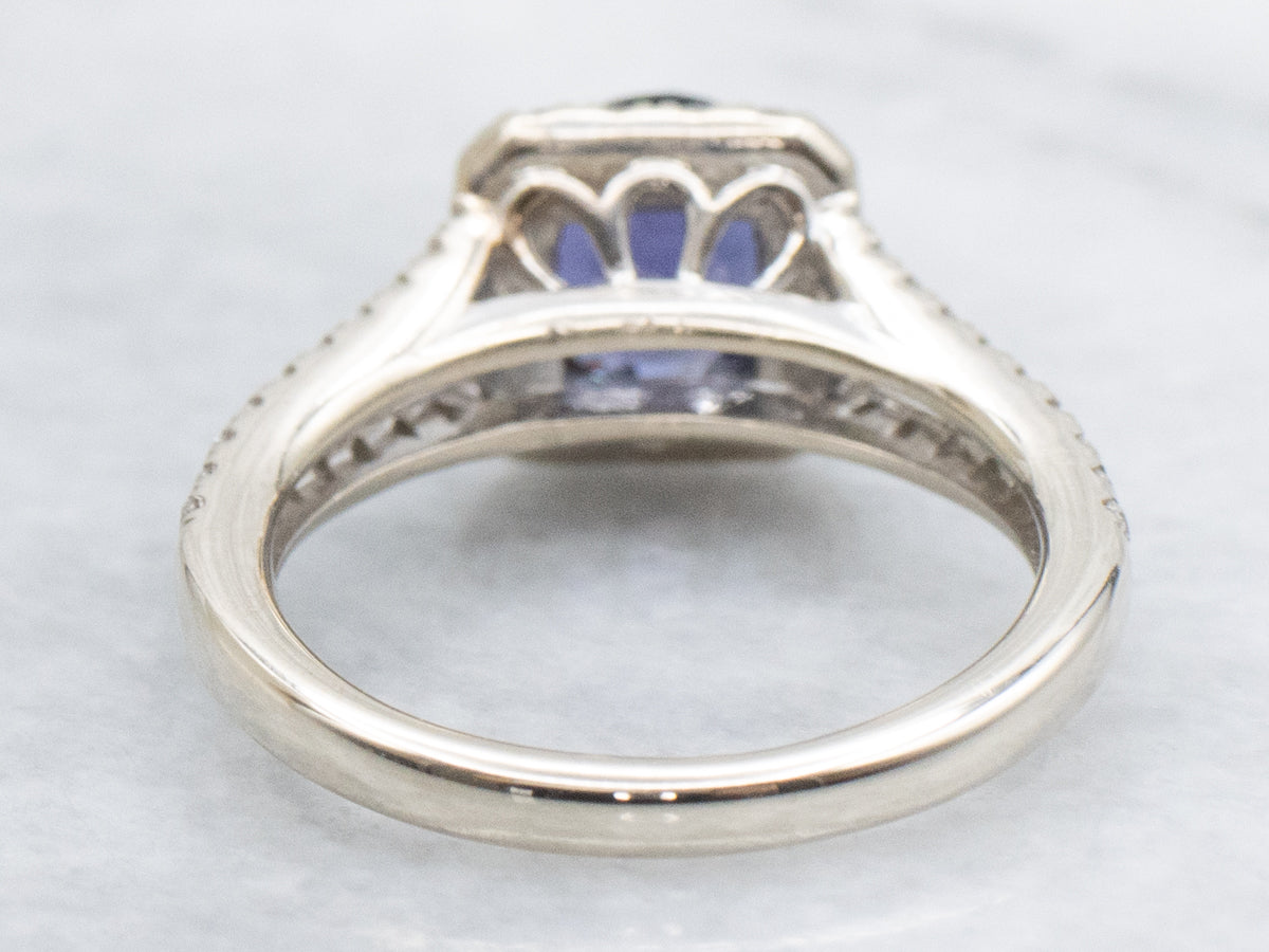 Modern Bi-Color Sapphire and Diamond Halo Gold Ring