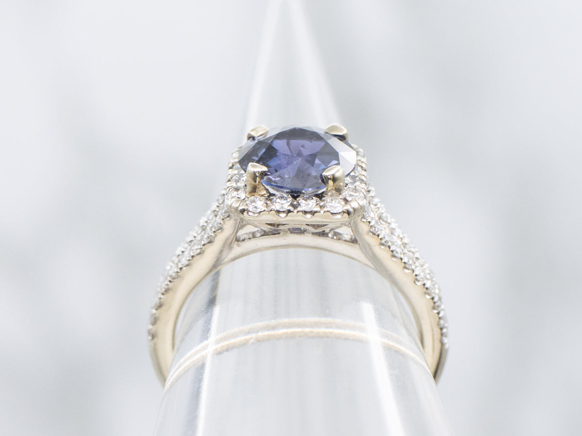 Modern Bi-Color Sapphire and Diamond Halo Gold Ring