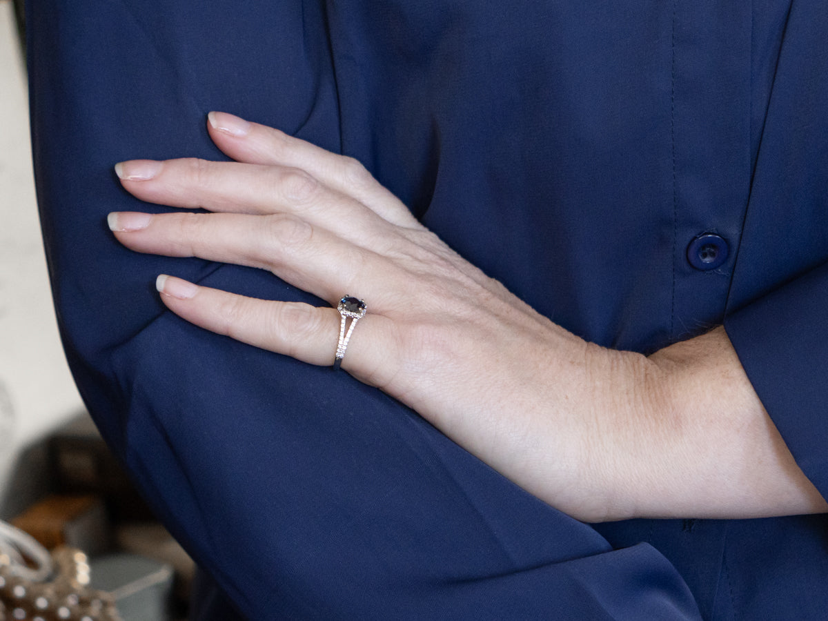 Modern Bi-Color Sapphire and Diamond Halo Gold Ring