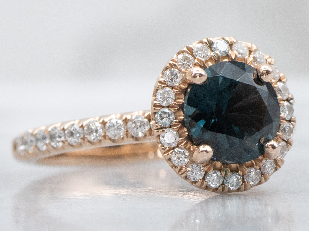 Blue-Spinel and Diamond Modern Halo Rose Gold Ring
