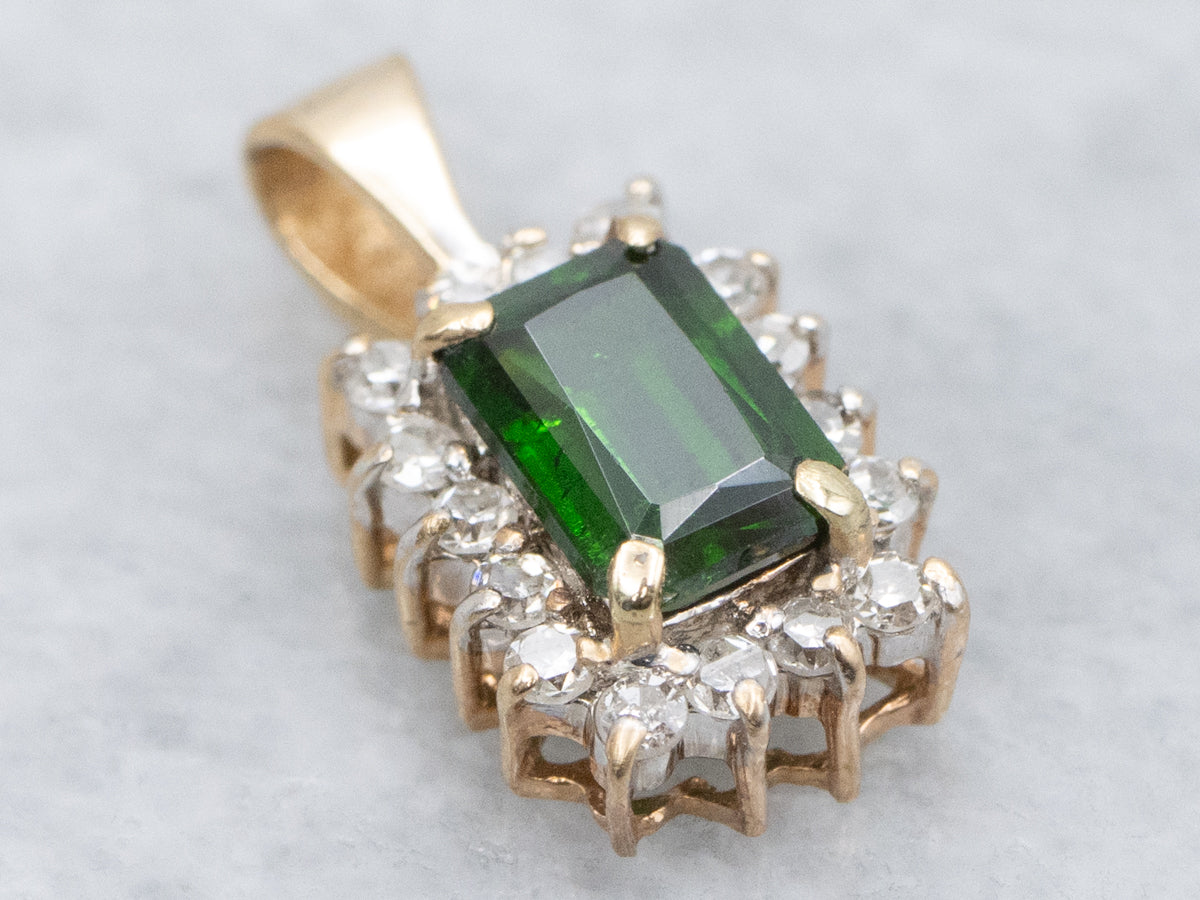Demantoid Garnet and Gold Diamond Halo Pendant