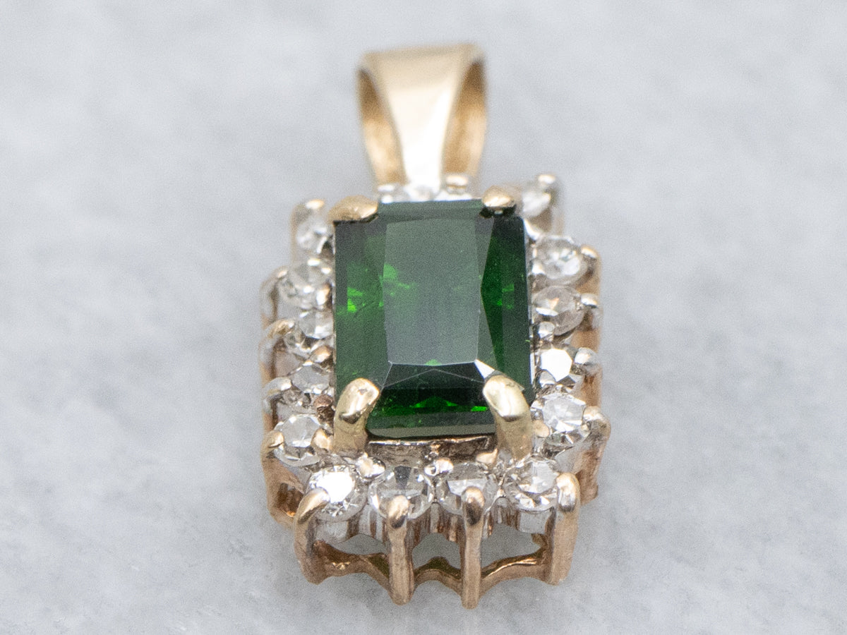 Demantoid Garnet and Gold Diamond Halo Pendant