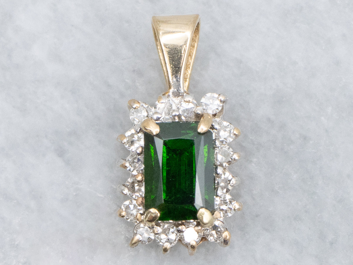 Demantoid Garnet and Gold Diamond Halo Pendant