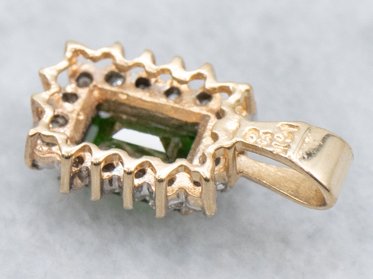 Demantoid Garnet and Gold Diamond Halo Pendant
