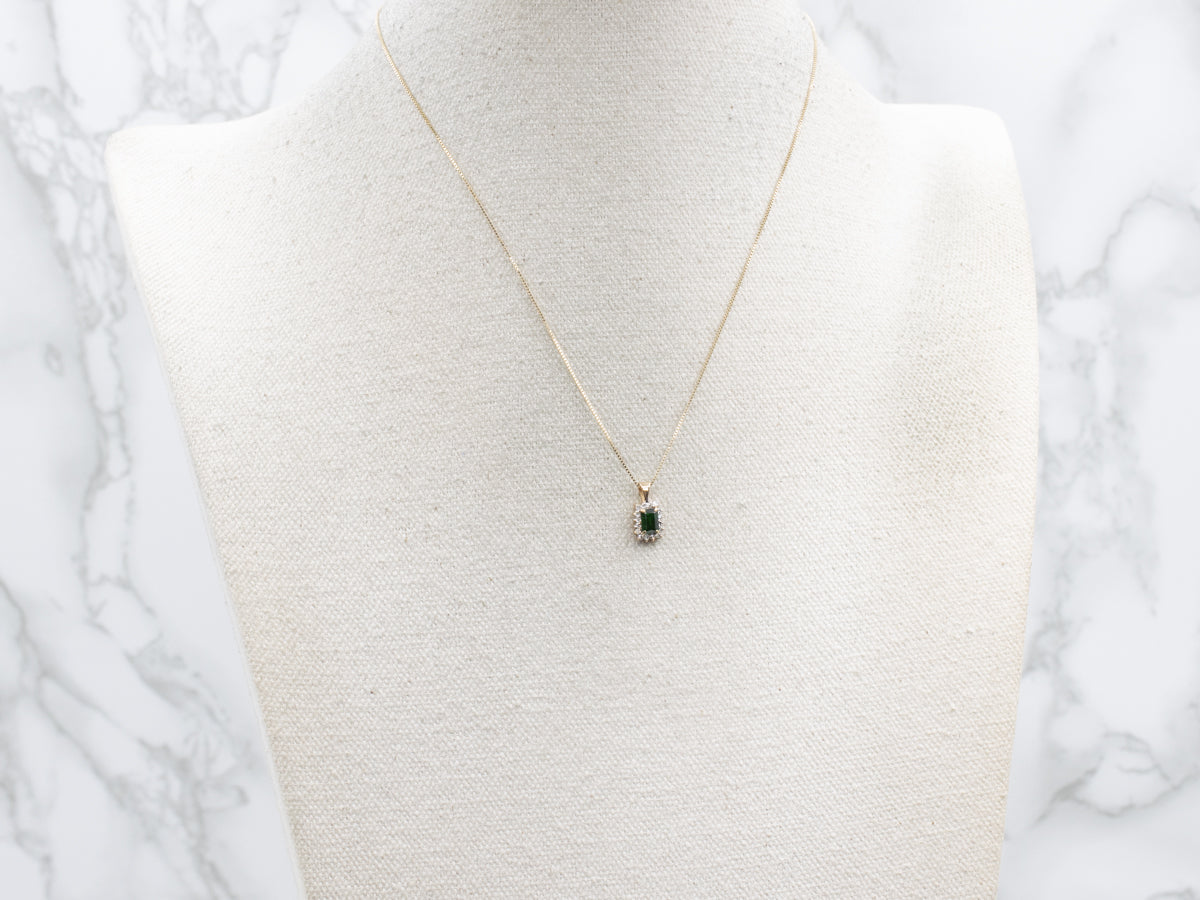 Demantoid Garnet and Gold Diamond Halo Pendant
