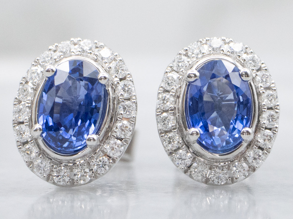 Modern White Gold Sapphire and Diamond Halo Stud Earrings