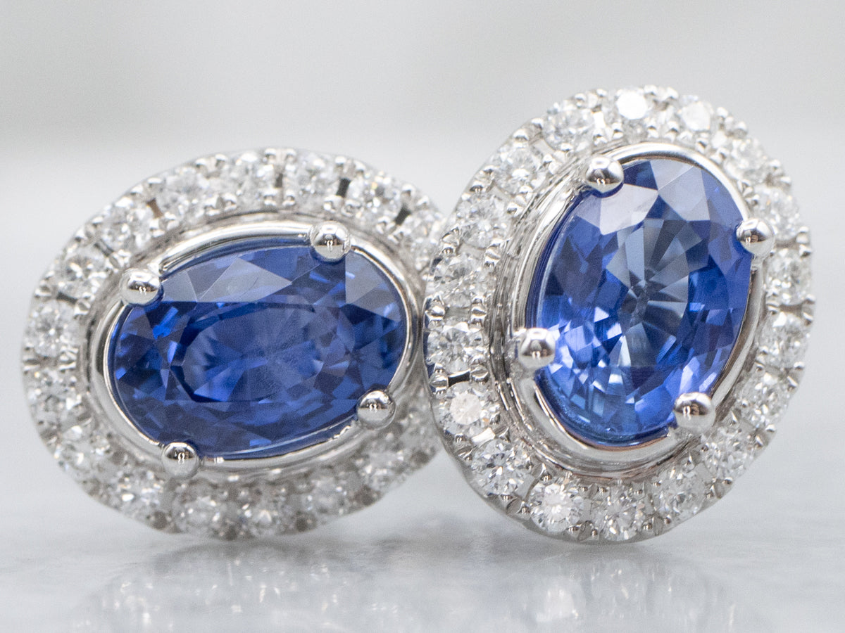 Modern White Gold Sapphire and Diamond Halo Stud Earrings