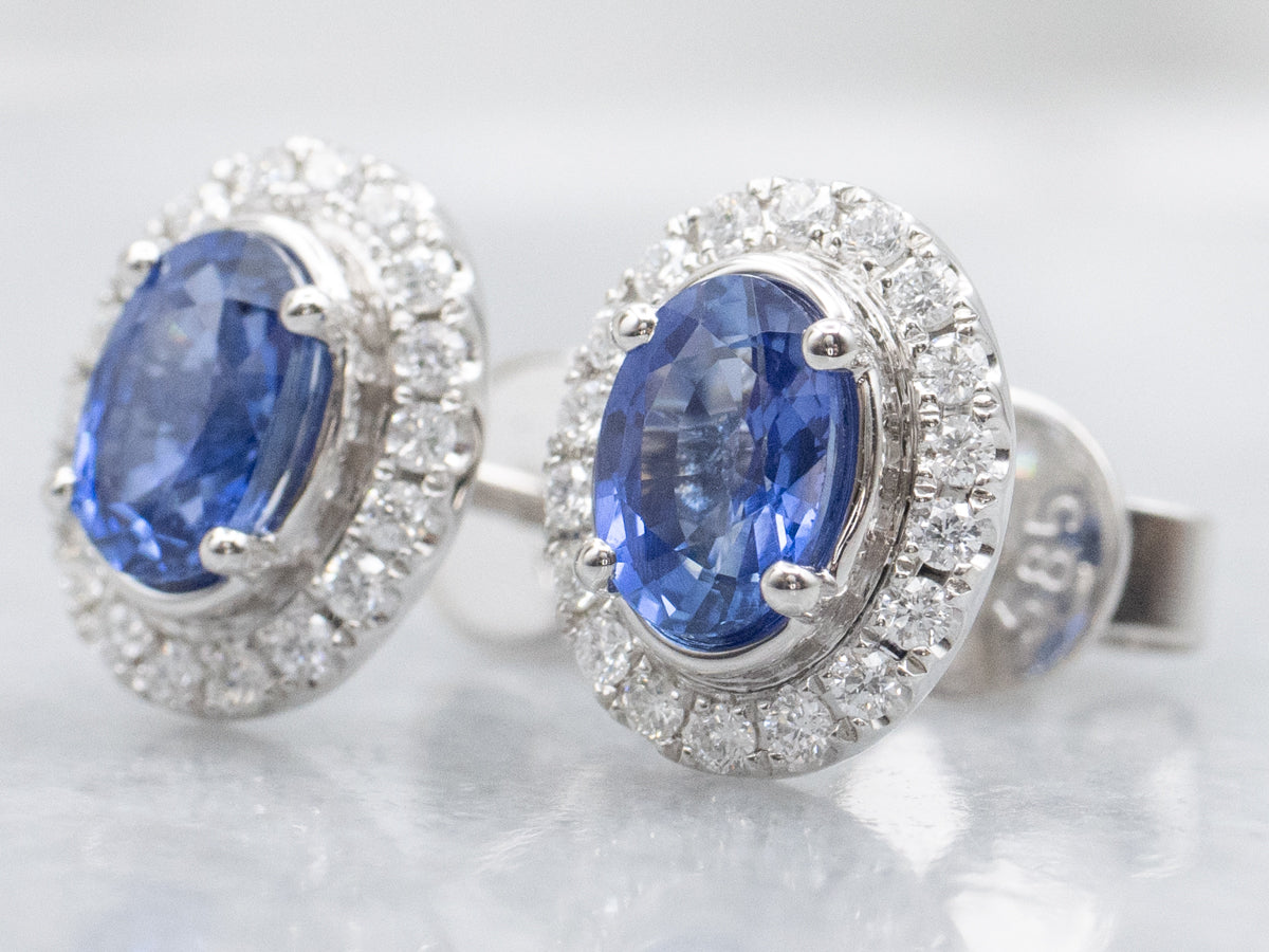 Modern White Gold Sapphire and Diamond Halo Stud Earrings