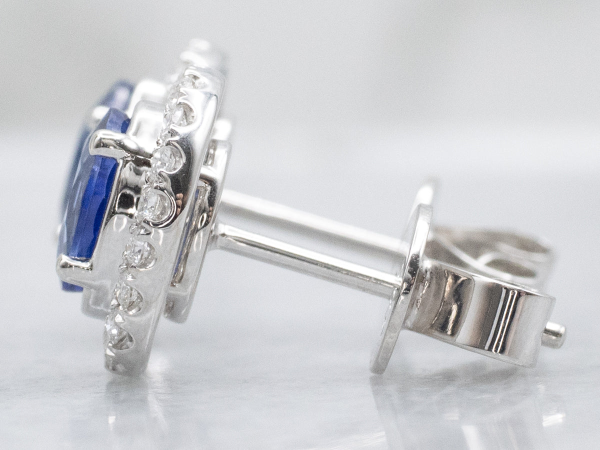 Modern White Gold Sapphire and Diamond Halo Stud Earrings